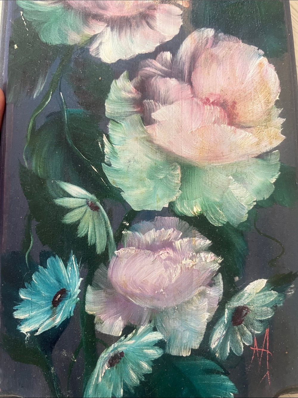 Hand-Painted Floral Wall Plaque in Blue With Multicolored Pastel Flowers